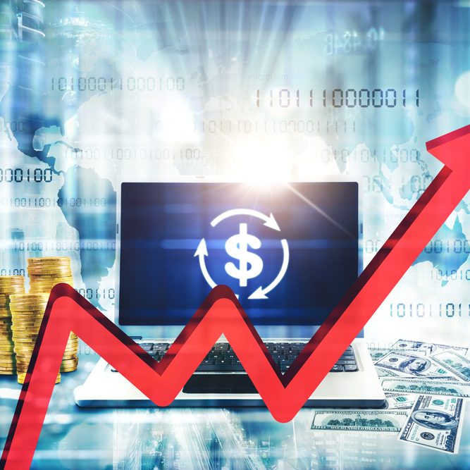 Close,Up,Of,Red,Upward,Arrow,With,Laptop,And,Money